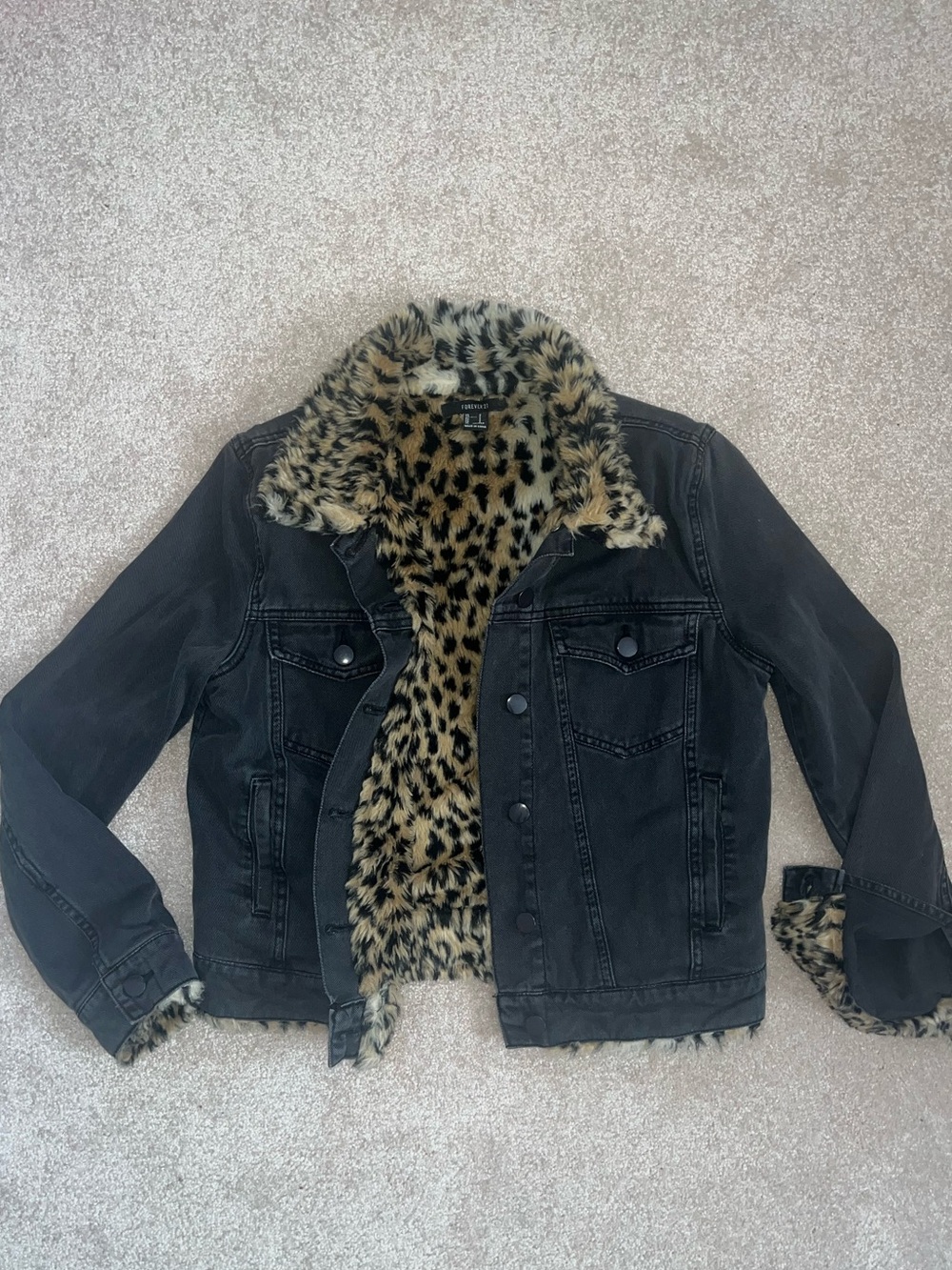 Forever 21 Black Denim Jacket with Leopard Faux-Fur Lining